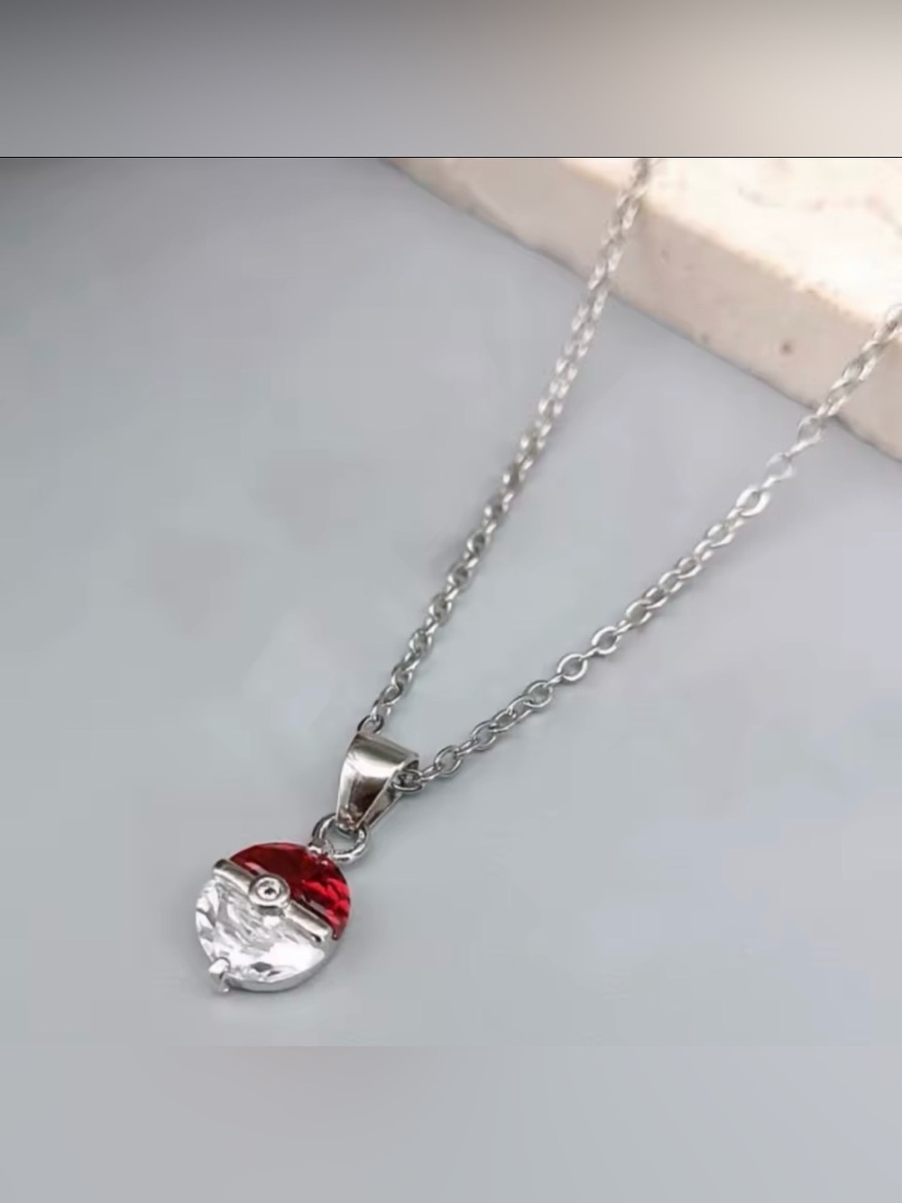 18K White Gold (Rhodium) Unisex Pokemon Pokeball Statement Gemstone Necklace - Picture 4 of 6
